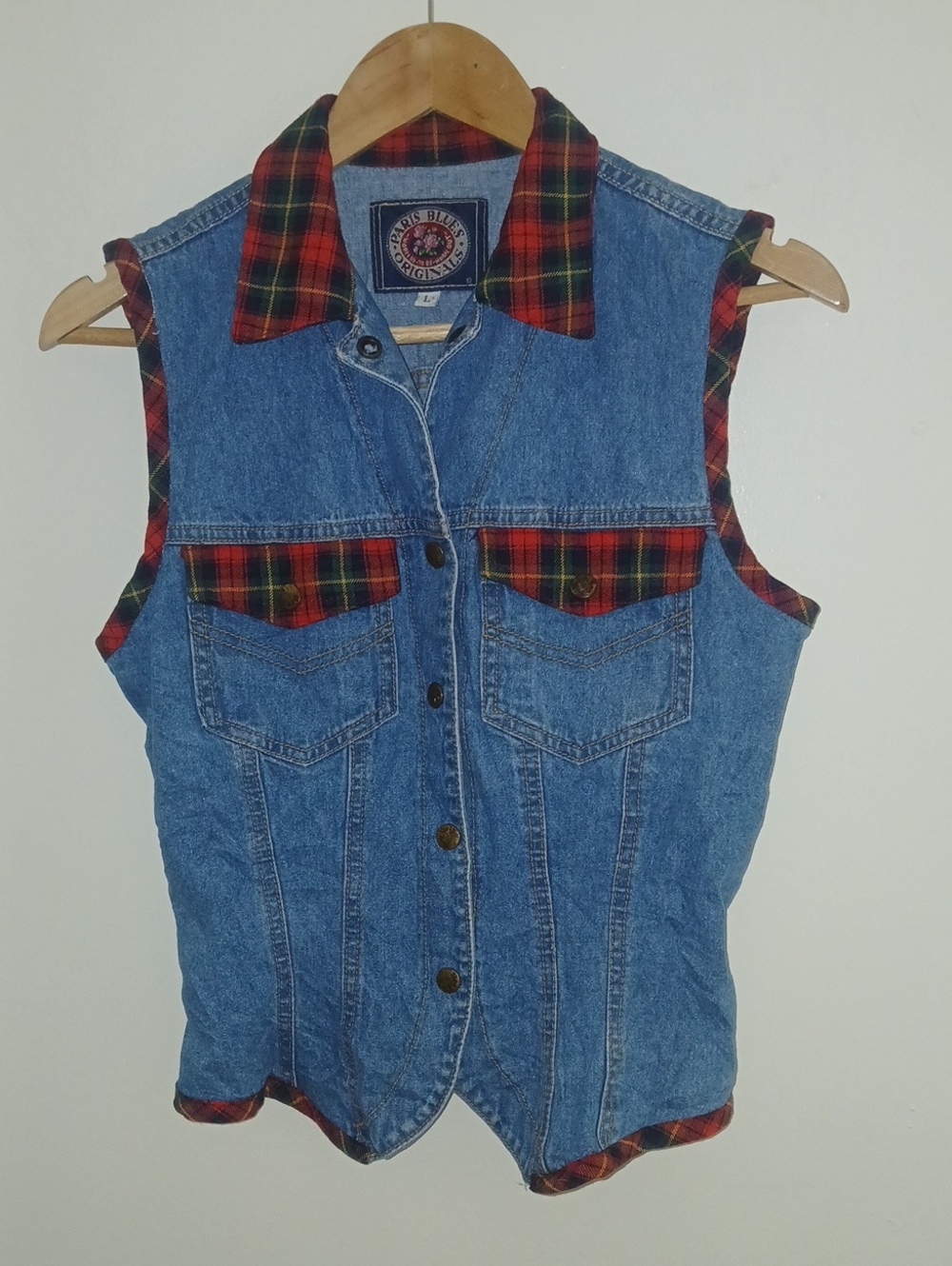 Vintage 90s Paris Blues Originals Denim Vest with Red/Green Plaid Trim Size L